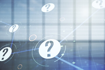 Aufkleber - Abstract virtual question mark illustration on empty corporate office background. FAQ and search concept. Multiexposure