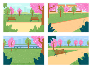 Poster - Spring park flat color vector illustration set. Street with blooming trees. Pink flowers. Town lawn, meadow. Outdoor recreation. Springtime 2D cartoon cityscape with skyline on background collection