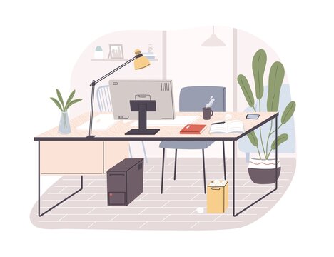 Modern home office interior. Remote workplace with desk, chair, computer and potted plants. Front view of empty working place with furniture. Flat vector illustration isolated on white background