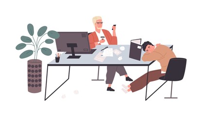 Bored lazy workers relaxing at desk. Clerks sleeping and using phone instead of working. Unproductive people doing nothing and procrastinating. Flat vector illustration isolated on white background