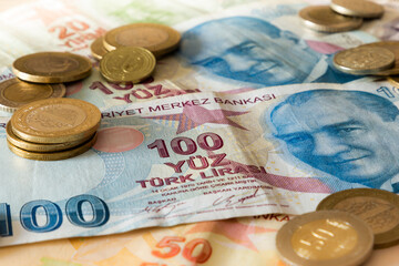 Wall Mural - Turkish lira banknotes and coins.