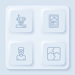 Poster - Set line Robot, Card game, Nerd geek and Piece of puzzle. White square button. Vector.