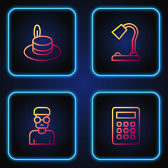 Poster - Set line Calculator, Nerd geek, Man hat and Table lamp. Gradient color icons. Vector.