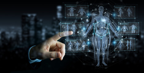 Leinwandbilder - Man hand using digital x-ray human body holographic scan projection 3D rendering