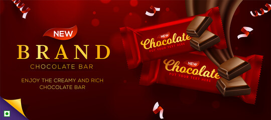Wall Mural - Premium chocolate ads in 3d illustration with liquid chocolate on bokeh glitter red background
