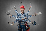 Fototapeta Kwiaty - happy worker handyman ( Jack of all trades ) or builder with construction tools
