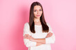 © deagreez - Photo of sweet shiny young lady wear white shirt arms corssed isolated pink color background