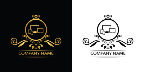 Poster - Smart Devices logo template luxury royal vector service company. Phone , tablet, laptop , computer shop decorative emblem with crown	
