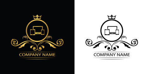 Poster - Smart Devices logo template luxury royal vector service company. Phone , tablet, laptop , computer shop decorative emblem with crown	
