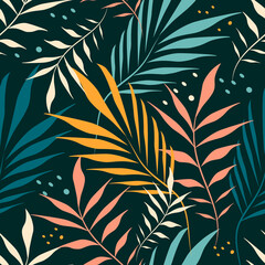 Wall Mural - vector seamless pattern with hand drawn tropical ornament, palm leaves on dark green background jungle pattern. trend flat pattern for printing on fabric. clothes, wrapping paper