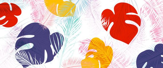 Summer tropical background vector. Palm leaves, monstera leaf, Botanical pattern trendy design for wall framed prints, canvas prints, poster, home decor, cover, flower wall arts, wallpaper.