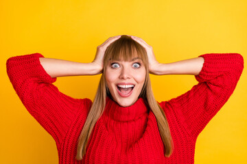 Poster - Photo of blond impressed lady hands head wear red sweater isolated on bright yellow color background