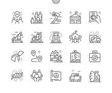 Refugee. Donations For Refugees. Immigrant, Migrant, Homeless. Refugee Family. Support And Assistance. Pixel Perfect Vector Thin Line Icons. Simple Minimal Pictogram