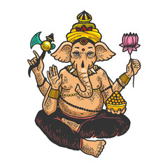 Ganesha indian god engraving raster illustration