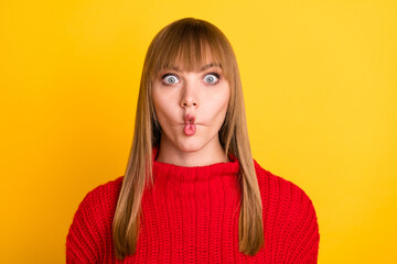 Canvas Print - Photo of blond optimistic lady fooling wear red sweater isolated on bright yellow color background