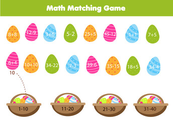 Mathematics children educational game. Easter theme Matching activity. Study addition and subtraction for kids and toddlers