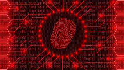 Poster - Fingerprint logo - abstract background in red of 4-digit binary code behind information connecting lines between honeycomb elements - security scanning identification system by biometric authorization