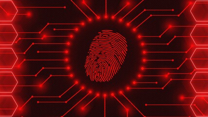 Poster - Fingerprint logo - abstract background in red of information connecting lines between honeycomb elements - security scanning identification system by biometric authorization - 3D Illustration