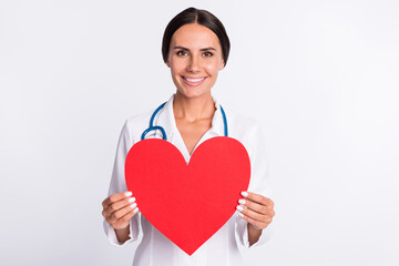 Sticker - Photo of pretty good mood young lady doctor dressed uniform smiling holding red isolated white color background