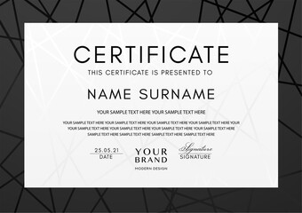Wall Mural - Certificate template with black line pattern frame and geometry white background. Vector modern design for Diploma, certificate of appreciation or award