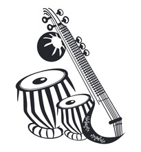 Vector Illustration Of Indian Classical Music Instrument Sitar And Dholak