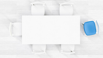 Poster - archviz mockup of white table with chairs and white wooden floor. top down view with copy space for logo or text. 3d illustration suitable for many concepts.