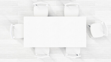 Poster - archviz mockup of white table with chairs and white wooden floor. top down view with copy space for logo or text. 3d illustration suitable for many concepts.