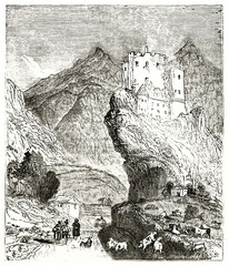 Wall Mural - Tyrol castle, Italy, on top of a rock overwatching a vaste medieval mountainscape. Ancient grey tone etching style art by Jackson, Magasin Pittoresque, 1838