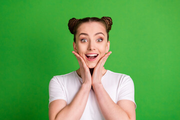 Sticker - Portrait of attractive cheerful impressed girl good mood news reaction delight isolated over bright green color background