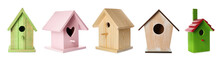 Set With Different Beautiful Bird Houses On White Background, Banner Design