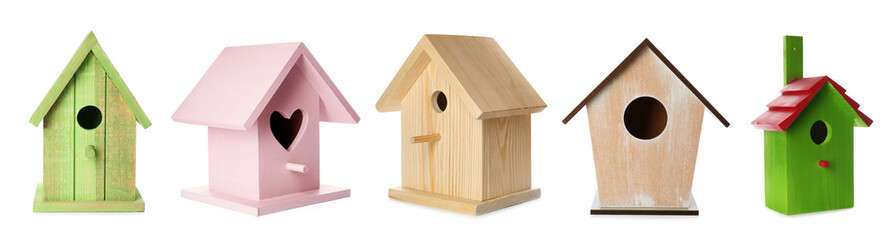 Set with different beautiful bird houses on white background, banner design