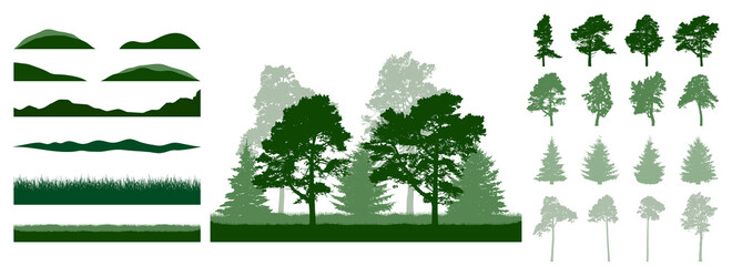 Wall Mural - Constructor summer woodland, landscape. Silhouettes of beautiful spruce trees, pine, other trees, grass, hill. Creation of beautiful park, forest,etc. Collection of design element. Vector illustration