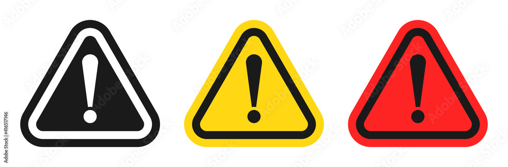 Caution icons set, exclamation mark, warning signs. Isolated attention triangle symbols on white background. Warning alert error concept: black, yellow, red color. Vector to PNG design. - obrazy, fototapety, plakaty 