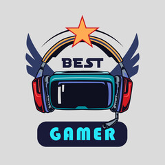 Fototapete - Stylish badge with full VR headset vector illustration. Colorful label with hipster skull in sunglasses smiling with haircut. Cybersport and gaming zone concept can be used for retro template
