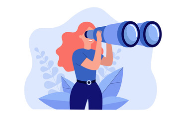 happy woman holding huge tourists binocular and looking far ahead. vector illustration for observati