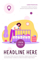 Wall Mural - Depressed tired mom giving bottle to baby. Sad sleepy new mother leaning on crib to feed newborn child. Flat vector illustration for postnatal anxiety, postpartum depression, maternity blues concept