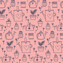 Vector Hand Drawn Pattern With Blue Potted House Flowers And Watering Cans On A Pink Background. Floral Seamless Pattern For Textiles, Wallpaper, Linens.