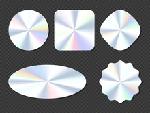 Holographic Stickers, Hologram Labels Of Different Shapes. Round, Square, Oval, Rhombus And Wavy Iridescent Foil Or Silver Colored Blank Rainbow Shiny Emblems, Realistic 3d Vector Illustration, Set