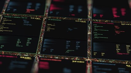 Poster - Technological background with flying mosaic with glowing changing data. Animation. Digital surface of a computer screen, seamless loop.