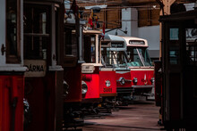 Old Prague Trams In The Depot. Retro Transport, Old Classic Trams