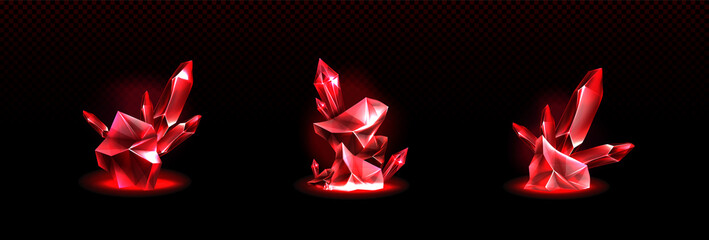 Poster - Precious ruby stones, shiny red crystals isolated on transparent background. Vector realistic set of 3d gemstones different shapes, rock minerals, geology crystals