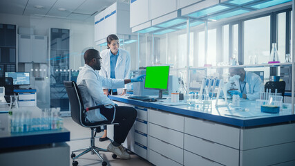 Wall Mural - Modern Medical Research Laboratory: Two Scientists Use Computer with Green Chroma Key Screen, Specialists Discuss Innovative Technology. Advanced Scientific Lab for Medicine, Biotechnology