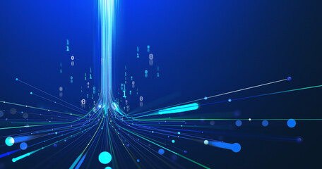 Poster - 5G technology wireless data transmission, high-speed internet. Information flow in abstract cyberspace. 3d illustration of big data digital funnel