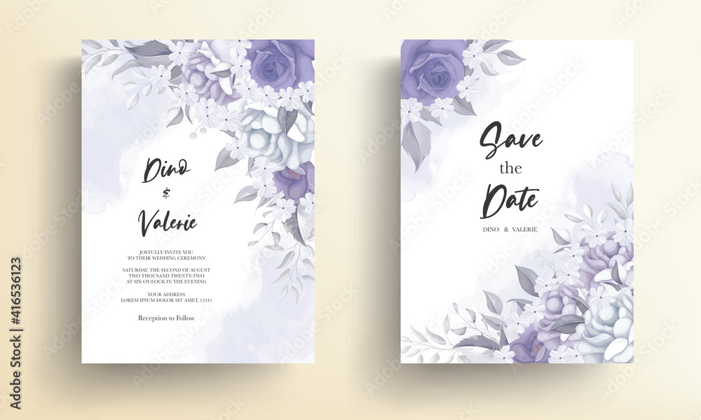 Beautiful wedding invitation card with purple flower decoration Stock ...