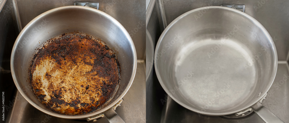 Compare burnt pan image before and after cleaning the unclean able stained  pot from burnt cooking
