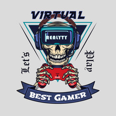 Fototapete - Engraving badge with skeleton playing VR game vector illustration. Colorful label with male skull in sunglasses for barbershop. Cybersport and gaming zone concept can be used for retro template