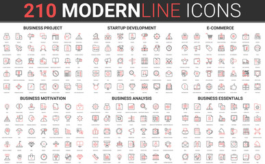 Poster - Corporate business startup red black thin line icon set of financial data technology, success strategy, development business finance investment, successful project start symbols vector illustration