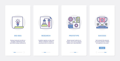 Wall Mural - Big idea research education processes vector illustration. UX, UI onboarding mobile app page screen set with line creative science progress in test experiment, success prototype scientific symbols