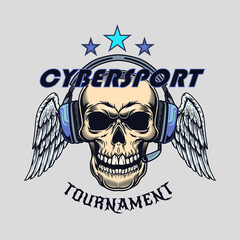 Fototapete - Creative badge with wings and skull in headset vector illustration. Colorful emblem for haircut and shaving shop. Cybersport and gaming zone concept can be used for retro template