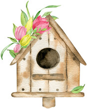 Spring Bird House With Pink And Yellow Flowers. Watercolor Hand-drawn Illustration. Easter Card.